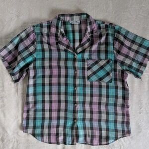 VTG Oak Hill Plaid Button Up Short Sleeve Plaid Shirt Made in USA Preppy Womens
